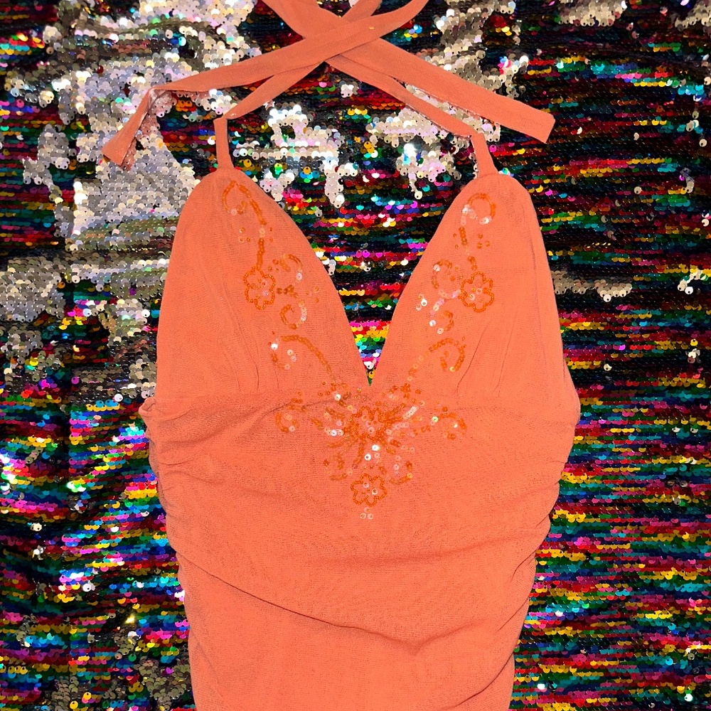 Ruched embroidered tie up halter top